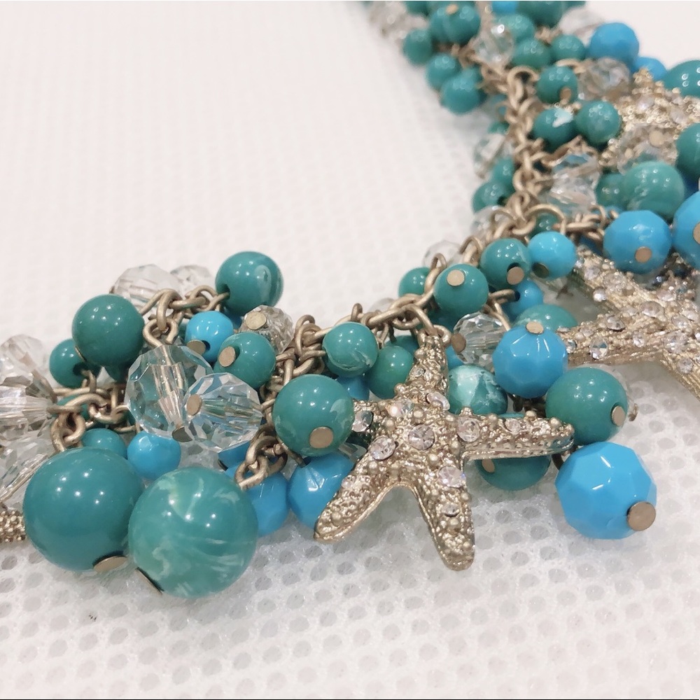 Nautical Blue Silver Seashell Rhinestones Necklace